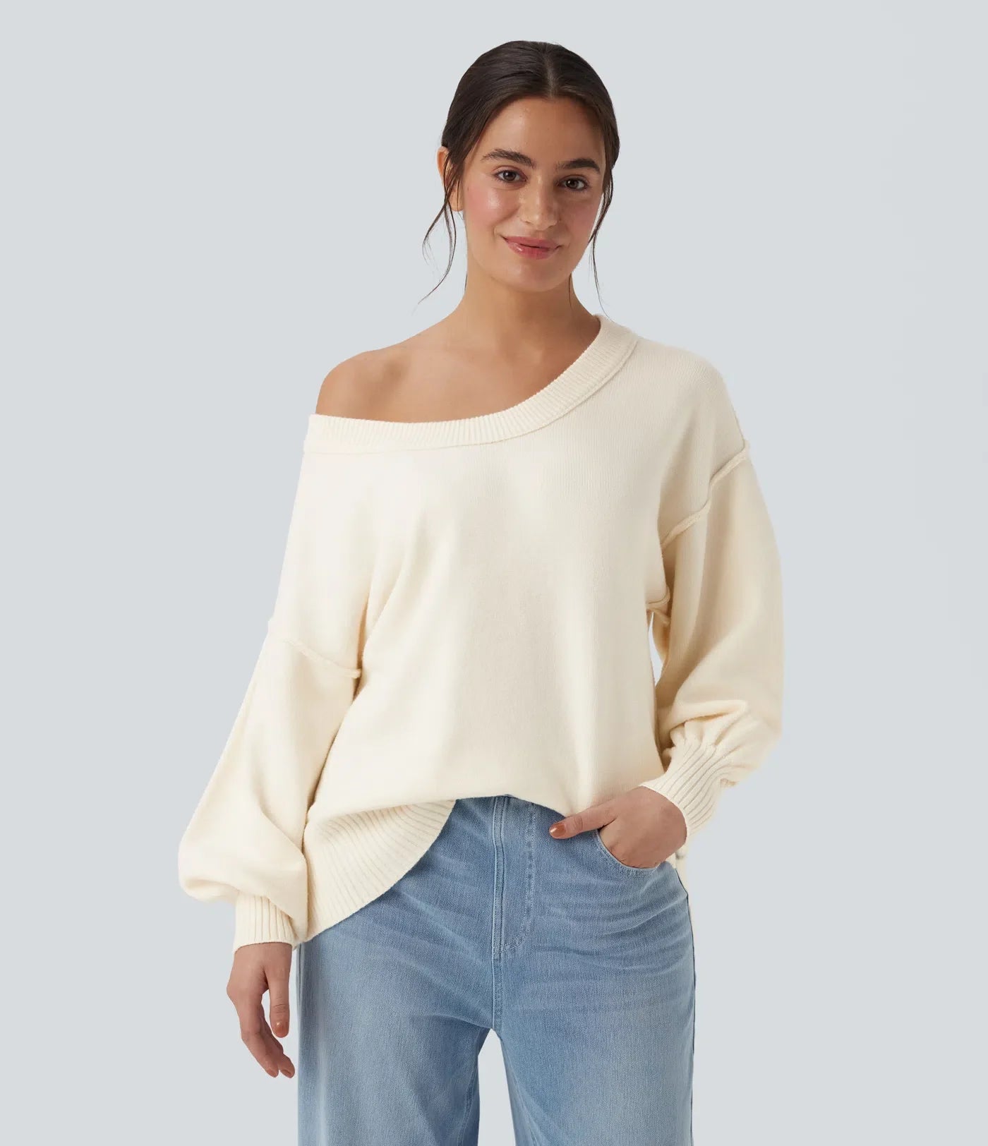 Luźny golf V épaules tombantes manches longues z fentesami