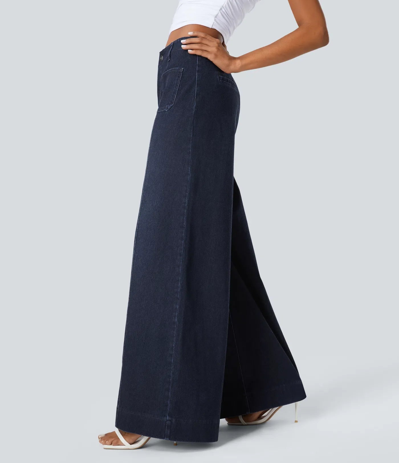 Jean Palazzo i Large Taille Haute z Poches Avant i Tricot Extensible Lavé