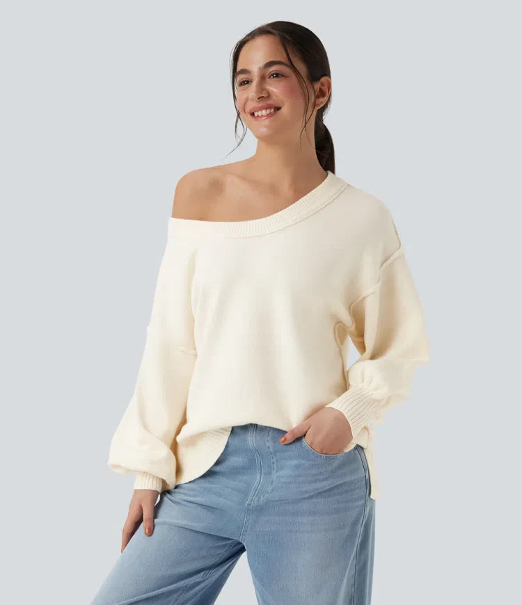 Luźny golf V épaules tombantes manches longues z fentesami