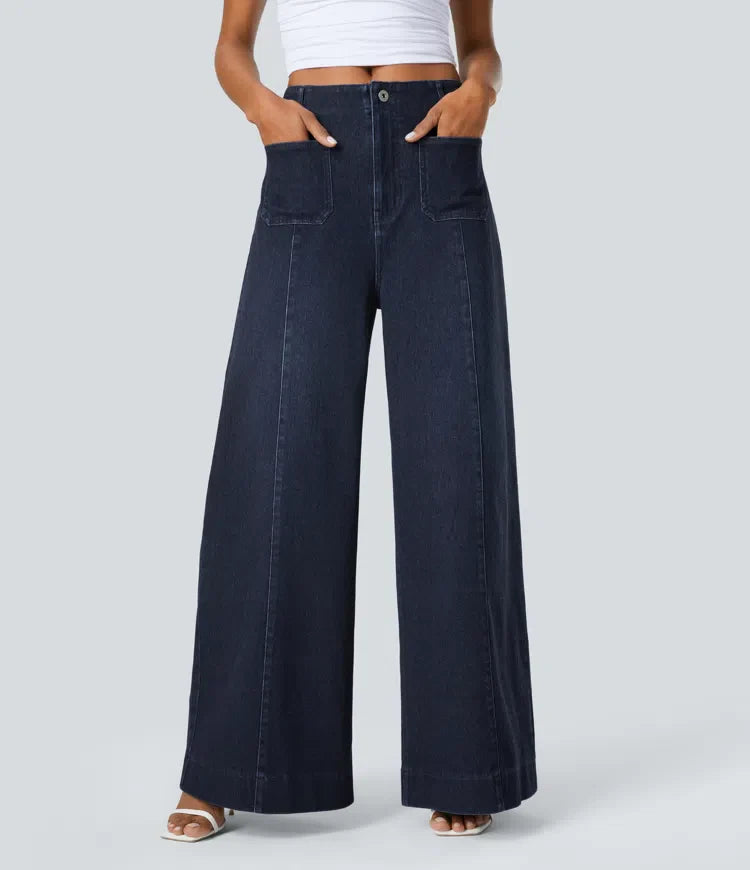 Jean Palazzo i Large Taille Haute z Poches Avant i Tricot Extensible Lavé