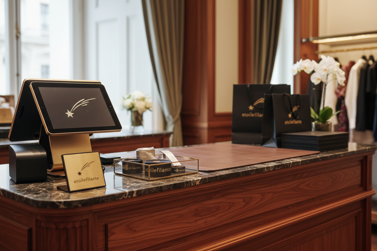 maak een close up van een kassa van het merk etoilefilante, het is een lux kledingmerk, de kassa is afgewerkt met hout 