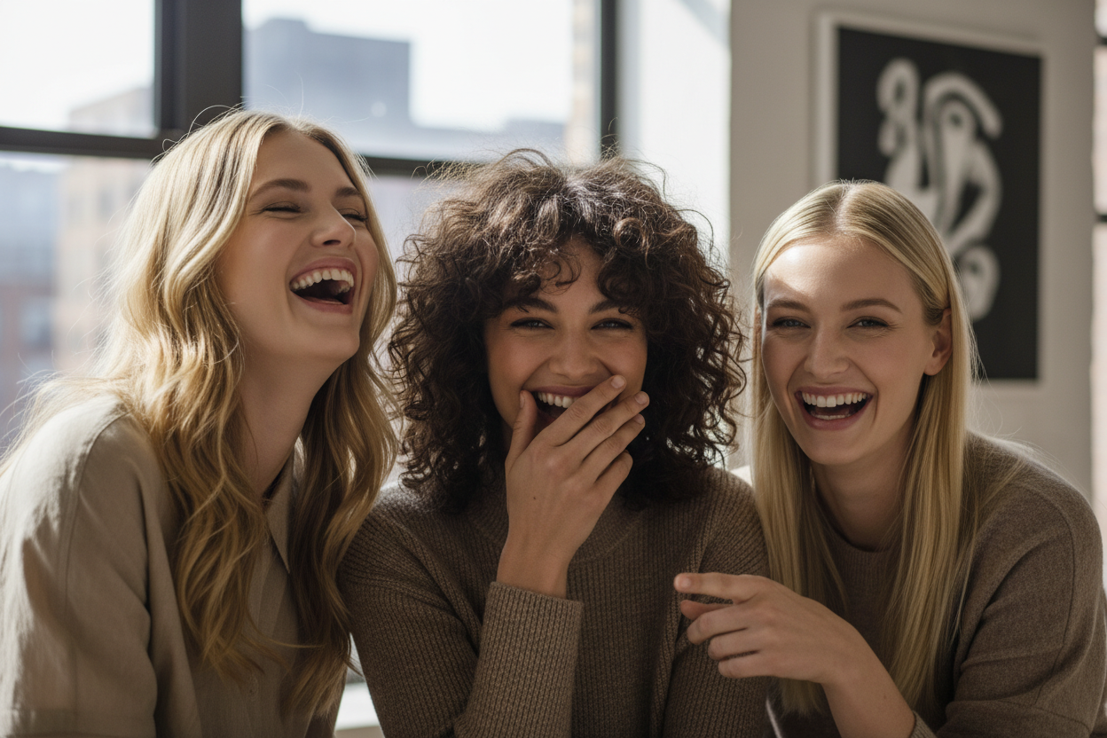 Maak twee blije blonde modellen en een brunette, die confident zijn en laggen, maak het een close up 